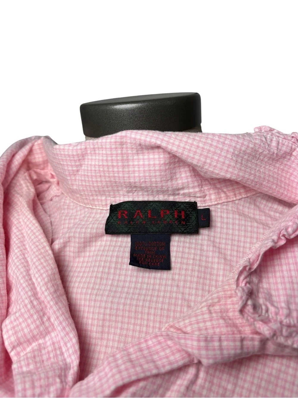 Ralph Lauren Pink Gingham Cotton Sleep Shirt Nightgown Large Ruffle Collar